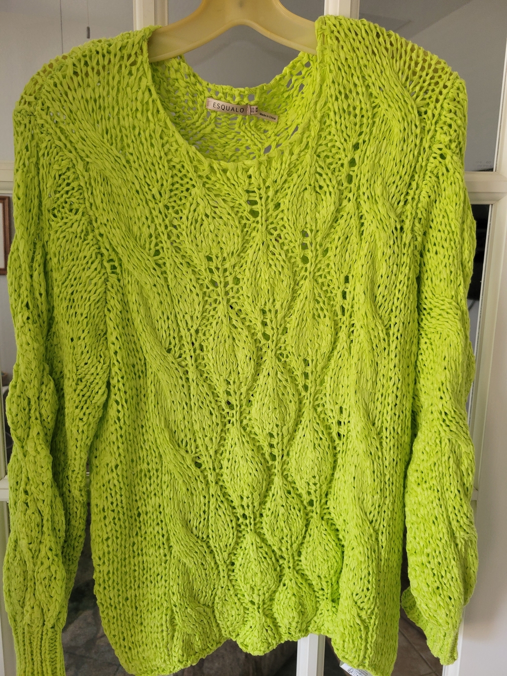 ESQUALO Neon Lime Open-Knit Cable Sweater